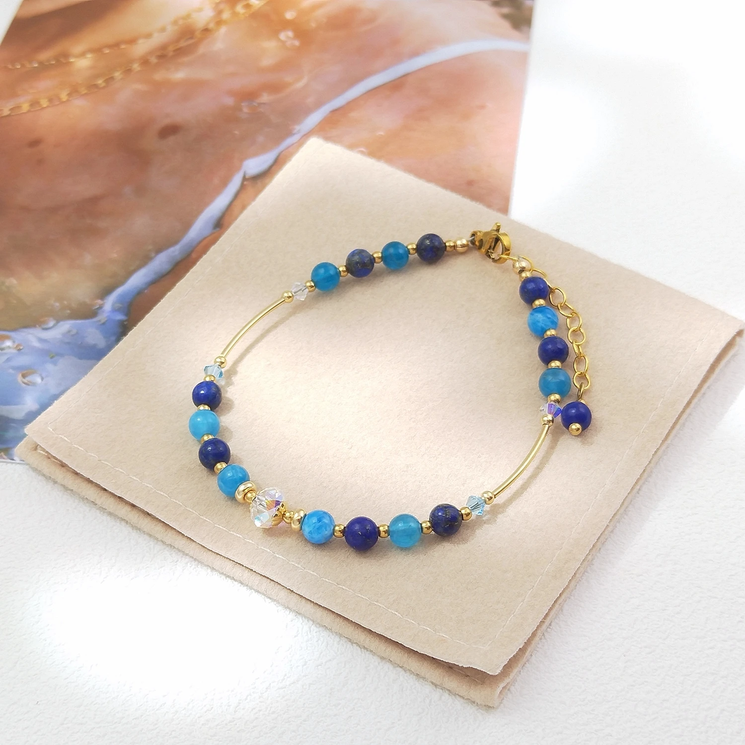 

Lii Ji Natural Lapis Lazuli Apatite 4mm American 14K Gold Filled Bracelet Handmade Fashion Jewelry