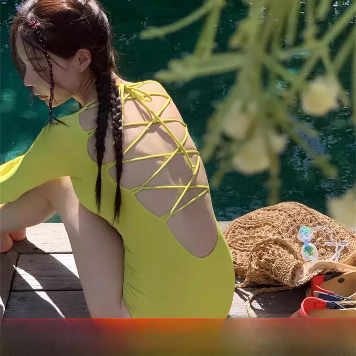 

Yellow Long Sve Women's Swimsuit Slimming Belly Covering Snorkeling Sexy Hot Spring Bathing Japanese Sle