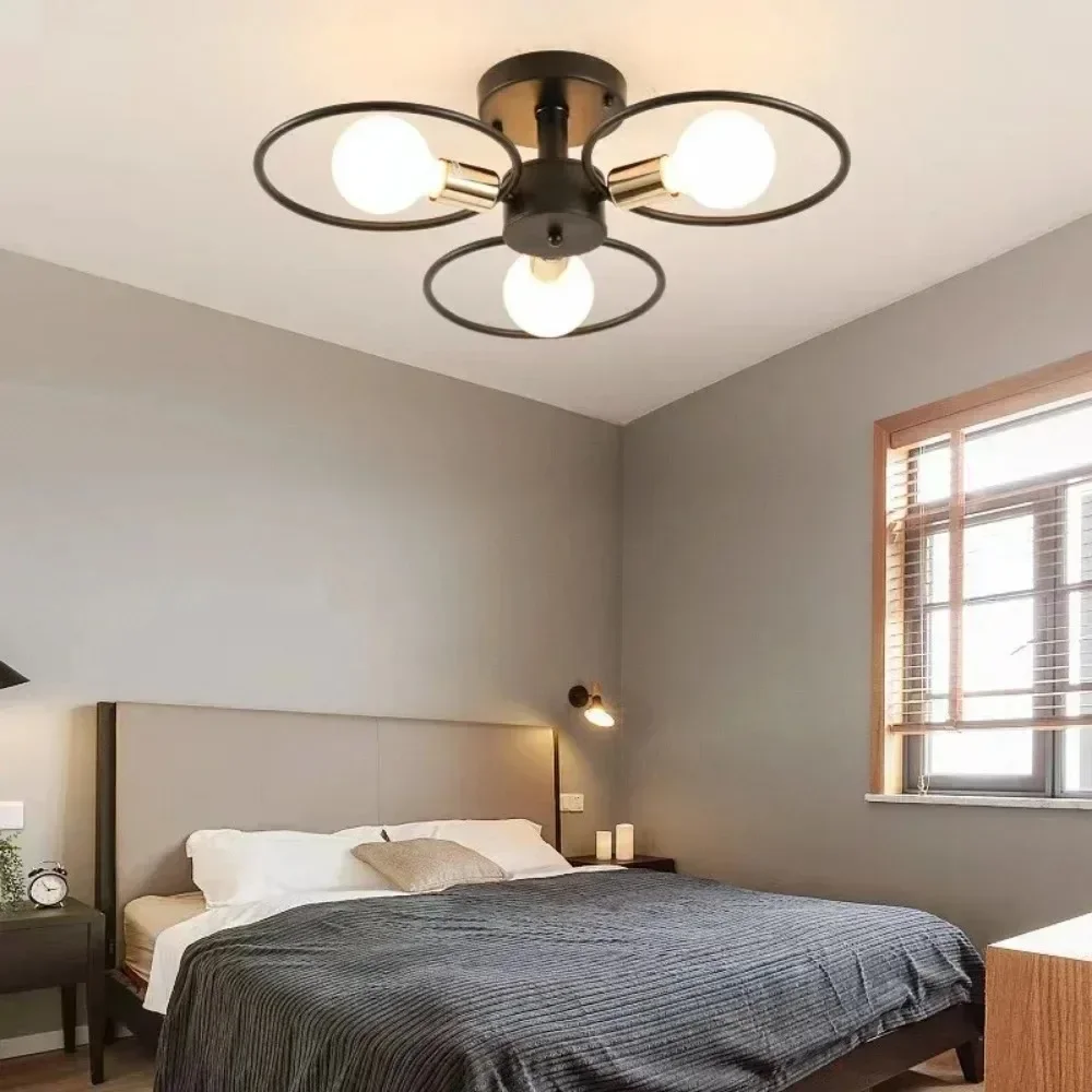 JOYINLED Hanging Fan Style 3 Round Black Light Metal Modern Ceiling Light Fixture 3-Wheel Light Semi Flush Mount Black Finish