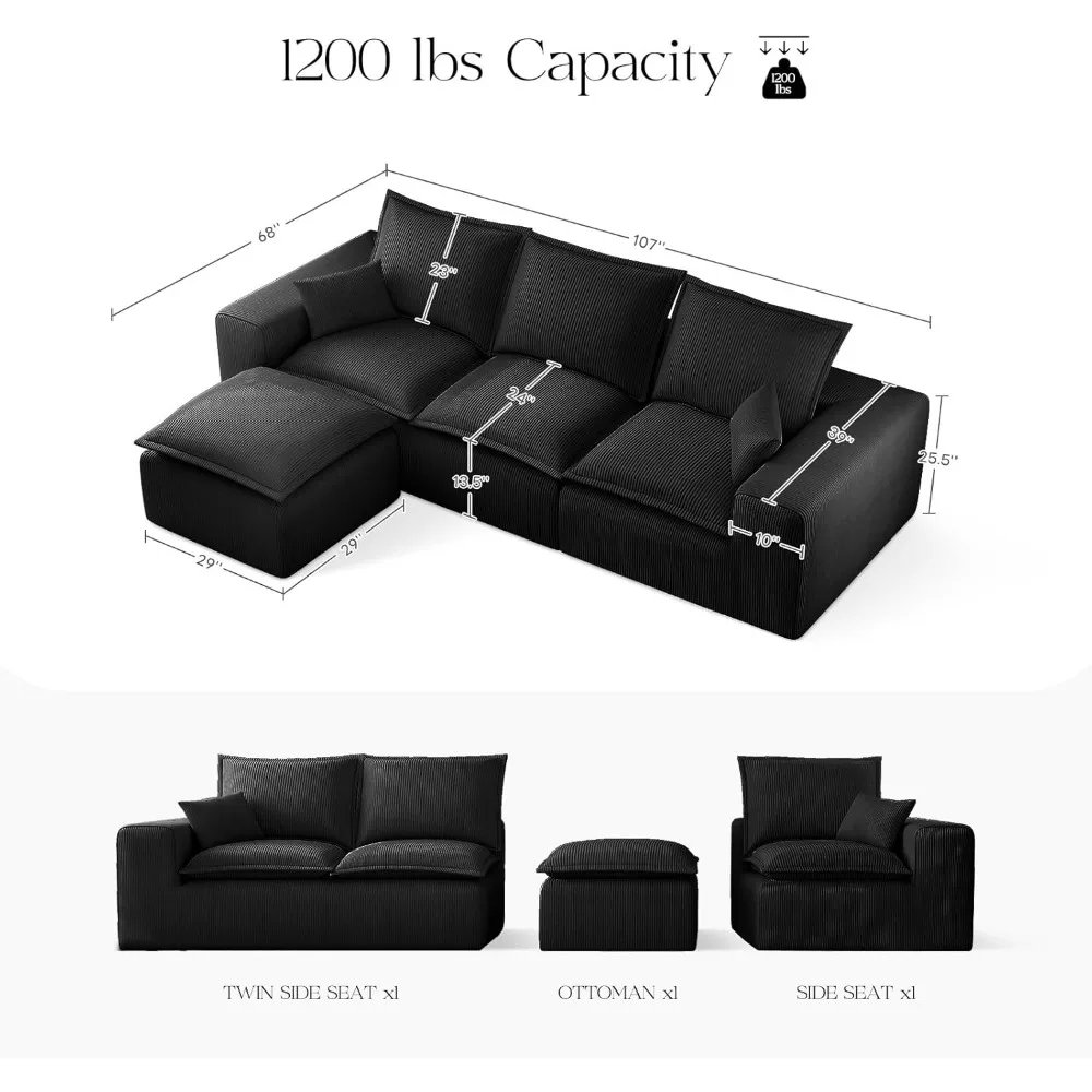 أريكة سحابة مريحة مقاس 107 بوصة مع كرسي على شكل حرف L ومقعد عميق، أريكة مقطعية معيارية في صندوق، أرائك منجدة بدون عظم للمعيشة