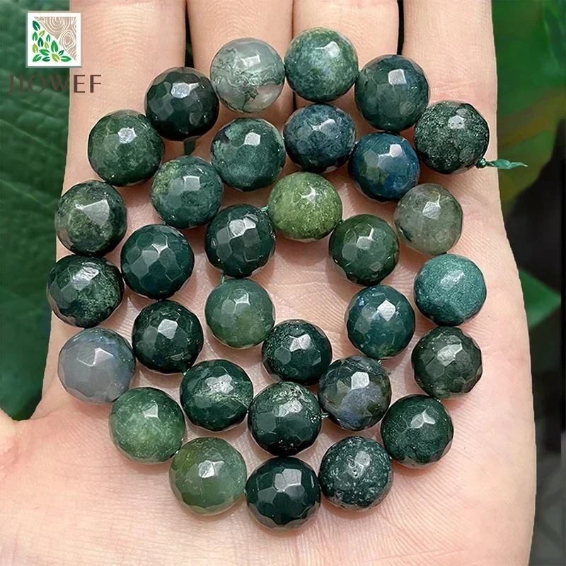 4/6/8/10/12/14mm Natural Faceted Moss Grass Green Agates Round Beads for Jewelry Making DIY Bead Perles Bracelet Earrings 15''