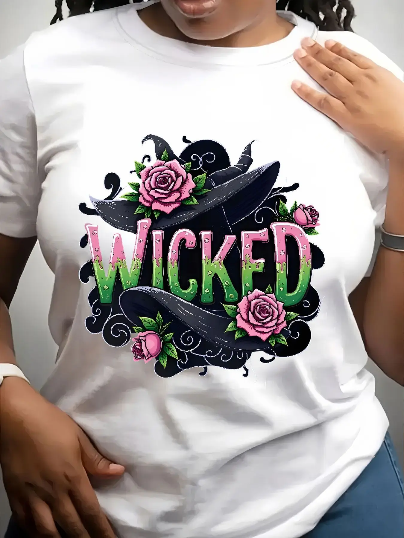 Women's Trendy Crew Neck T-Shirt Wicked Witch Hat Roses Design Suitable for Casual Sportswear