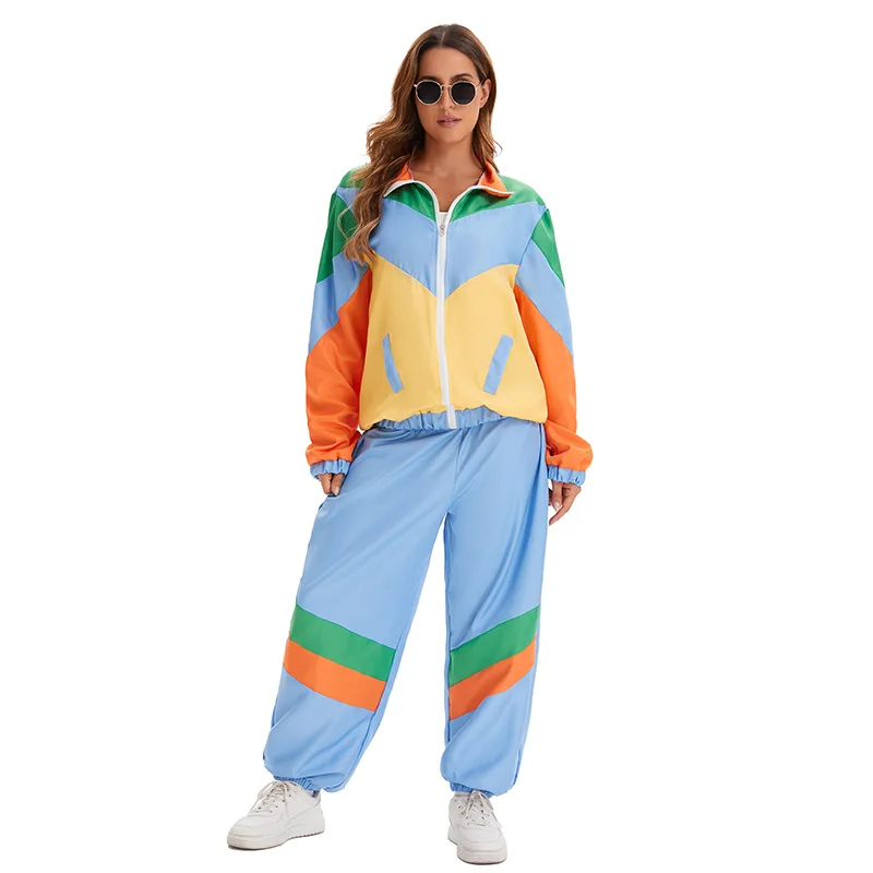 

Halloween Carnival Party Adult Costume Retro Shrink Color Block Disco Role Play Costume Full Set Of Jacket Pants Uniform Outfits