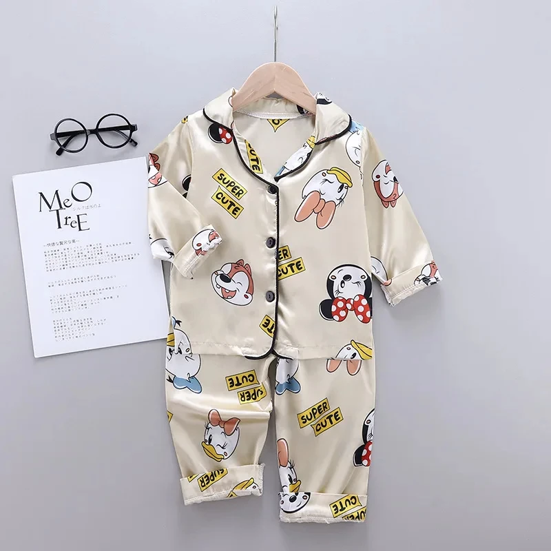 Girls Satin Pajama Set Children Spring Lapel Neck Long Sleeve Sanrio Hello Kitty Print Top+Trousers 2Pcs Kids Minnie Sleepwear