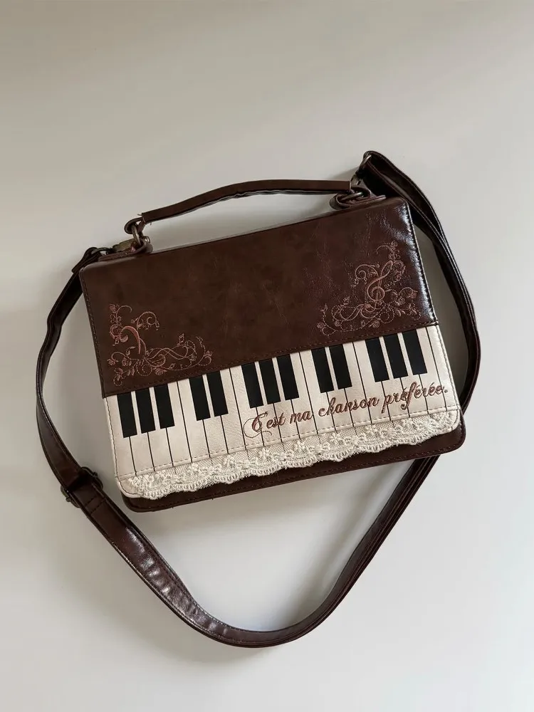 Women's Messenger Bag Simple Texture Briefcase Mini Mobile Phone Bag Retro Literary Piano Embroidery Lace Shoulder Bags