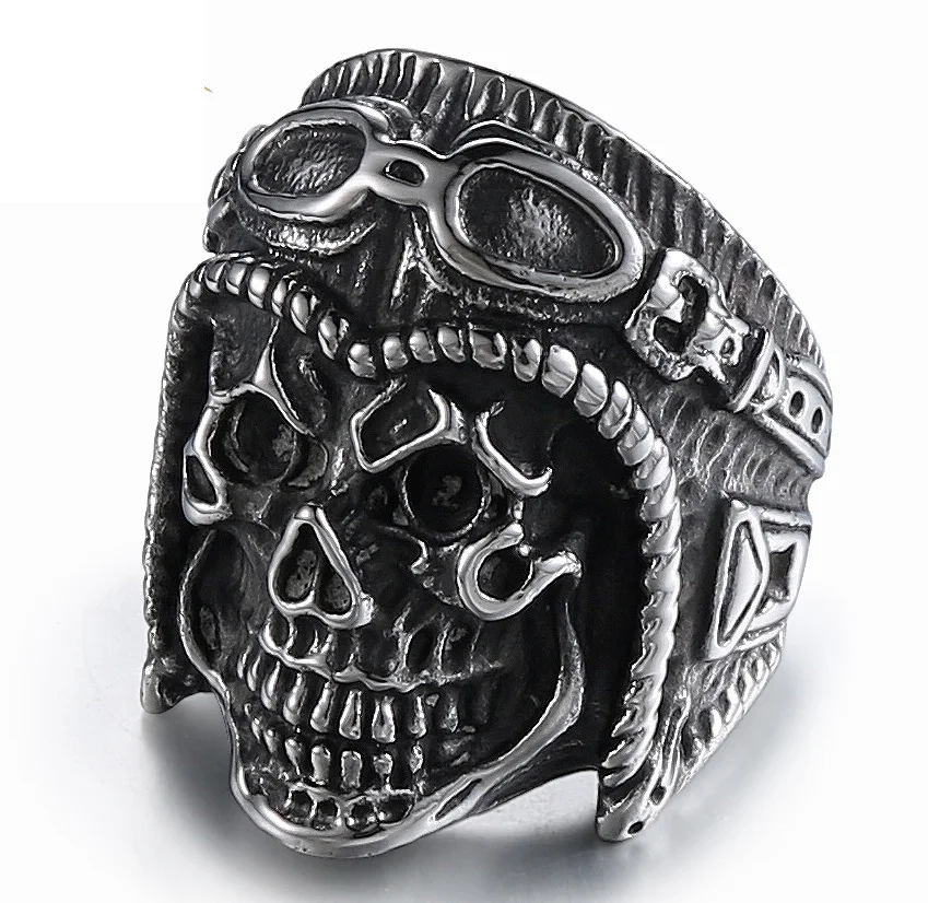 Punk Gothic Titanium Steel Pilot Skull Rings for Men Rock Jewelry Size 8-13