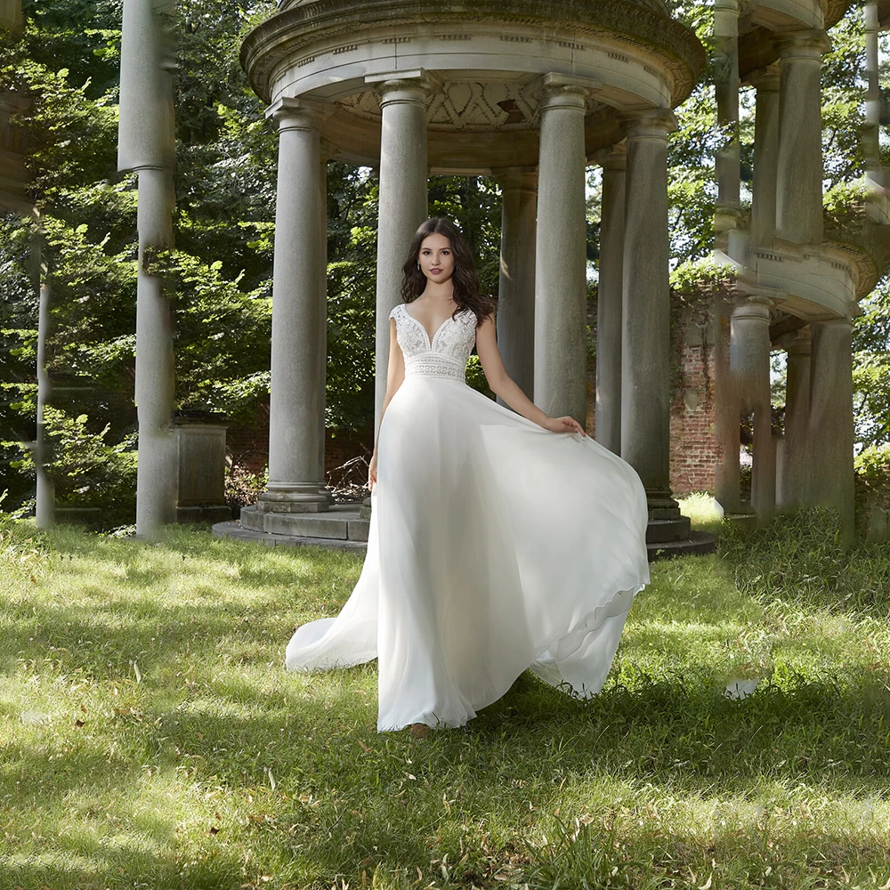 ZIBUYU Aangepaste elegante romantische trouwjurk V-hals Kapmouw Kant Mouwloos Appliqué A-lijn Sweep Trein 2025, Bruidsjurk