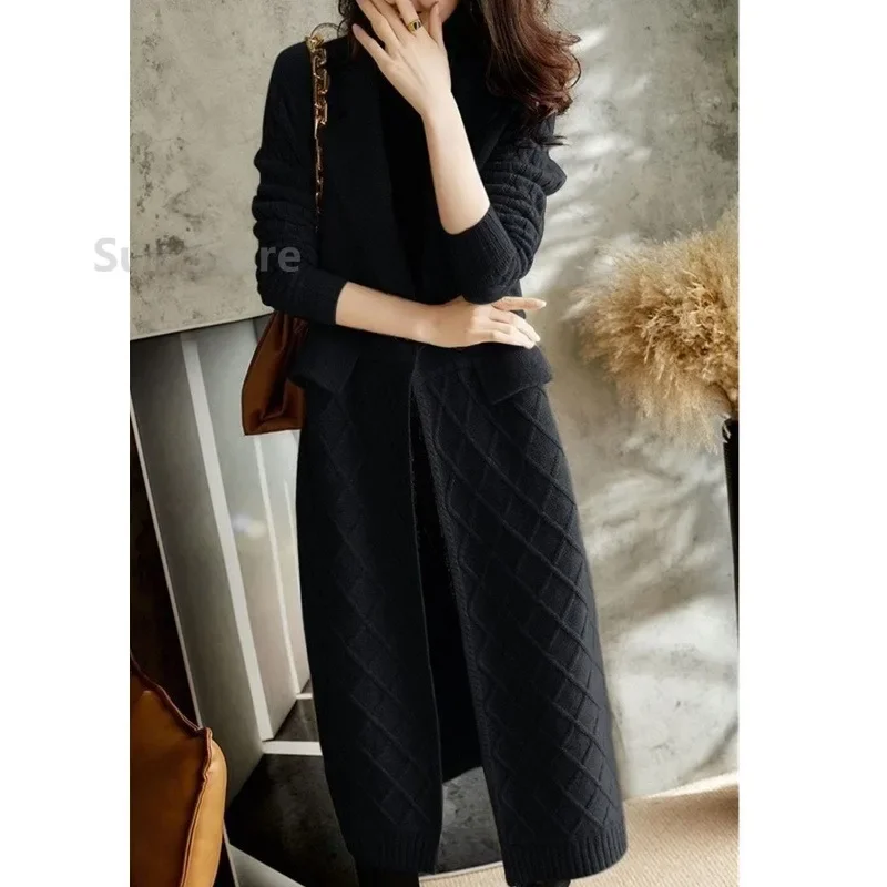 European Long Cashmere Cardigan Female Autumn and Winter New Over-the-knee Slimming Thickened Wool Coat Knitted Sweater