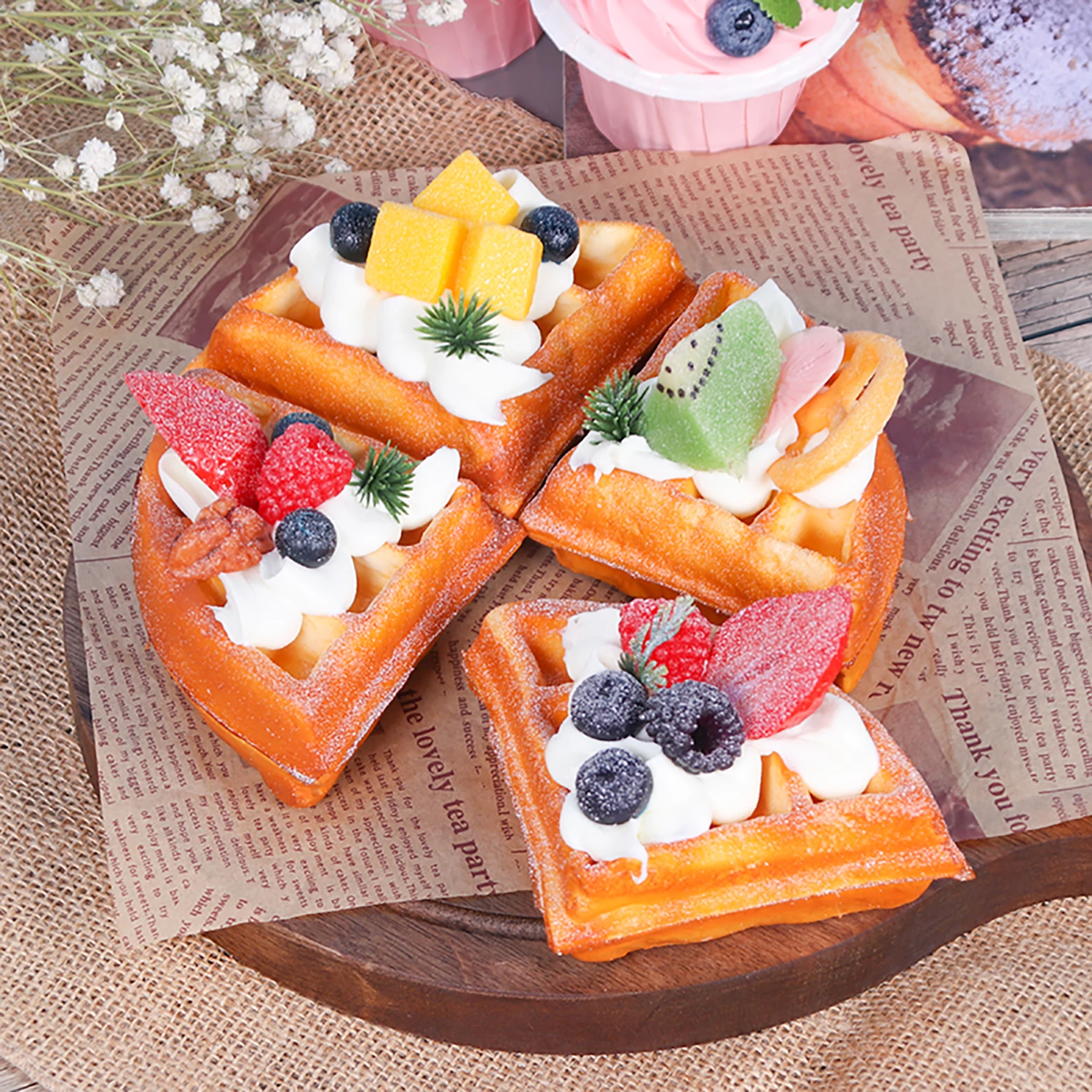 

1pcs Simulation Waffle Model Fake Fruit Bread Cake Western Food Sample Dessert Pastry Heart Decoration Props