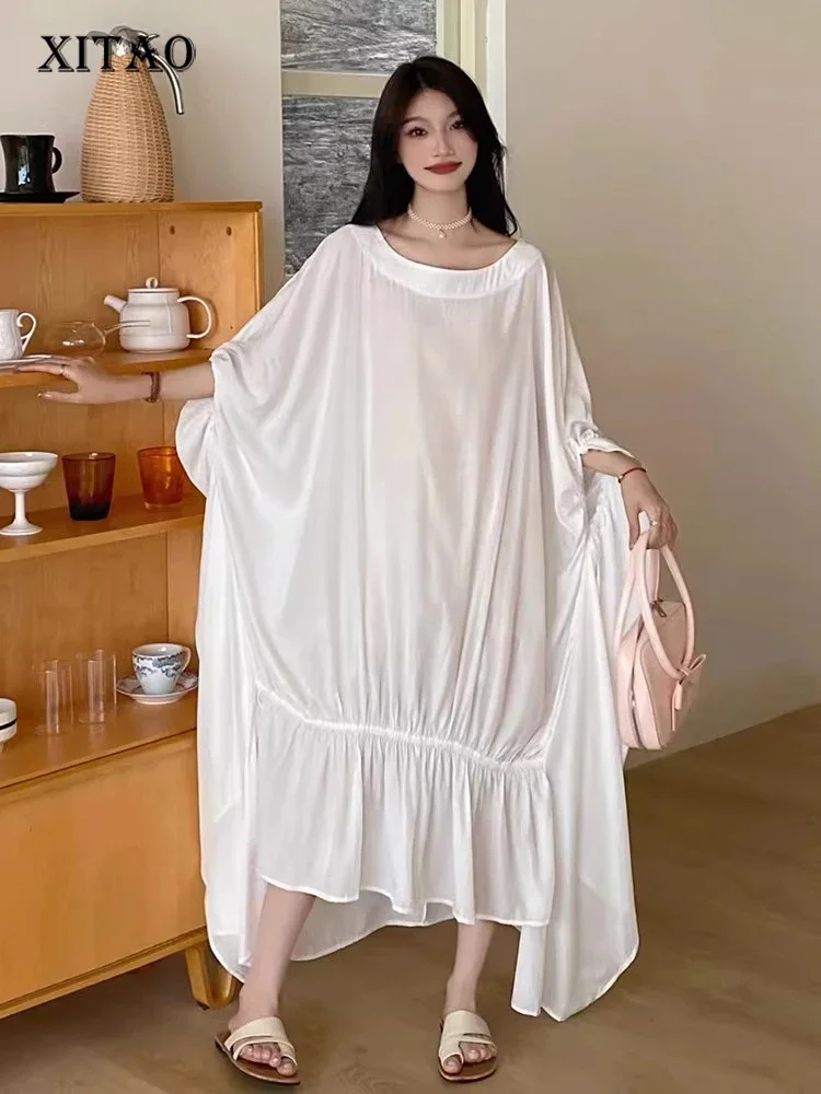 XITAO Asymmetrical Flounced Edge Folds Dress Solid Color Pullover Batwing Sleeve Fashion Slimming 2024 Summer New Casual ZY8835