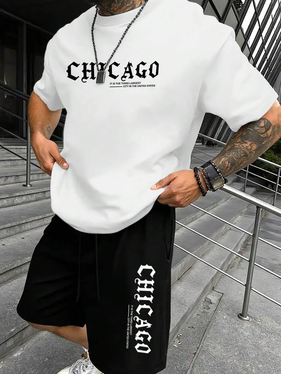 

Mens Streetwear Short Sleeve T-Shirt And Shorts Set Casual 2-Piece Outfit