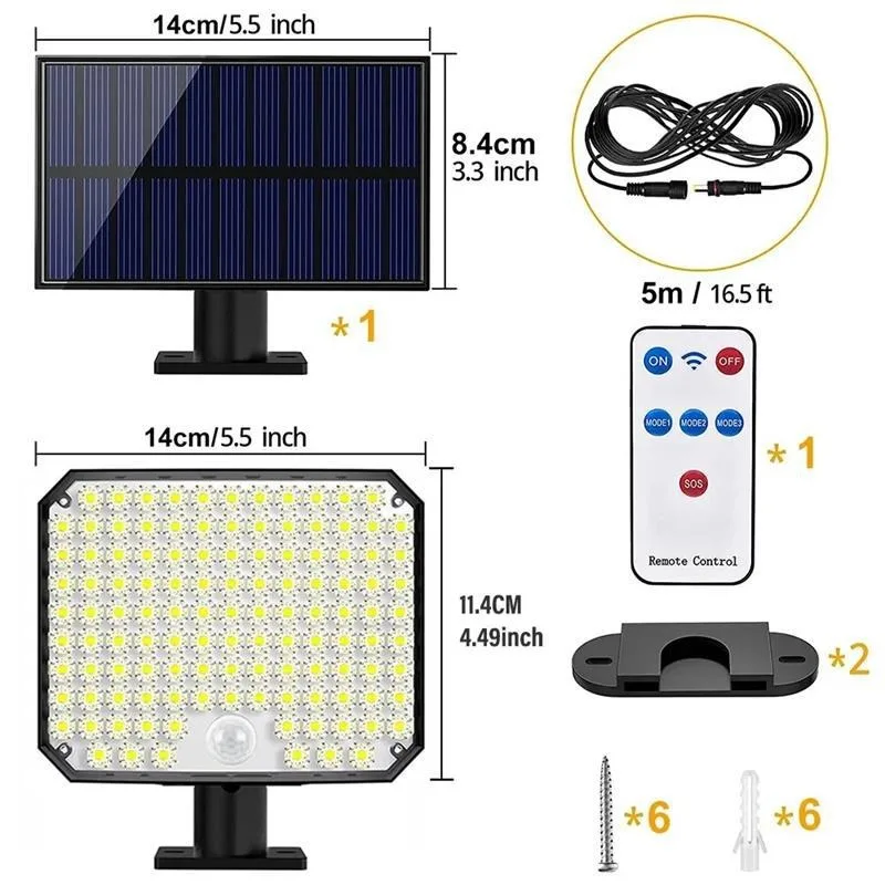 Solar Powered Lights Waterproof 118LED Split Motion Sensor Flood Wall Lighting Remote Security Solar Security Lamp for Garden
