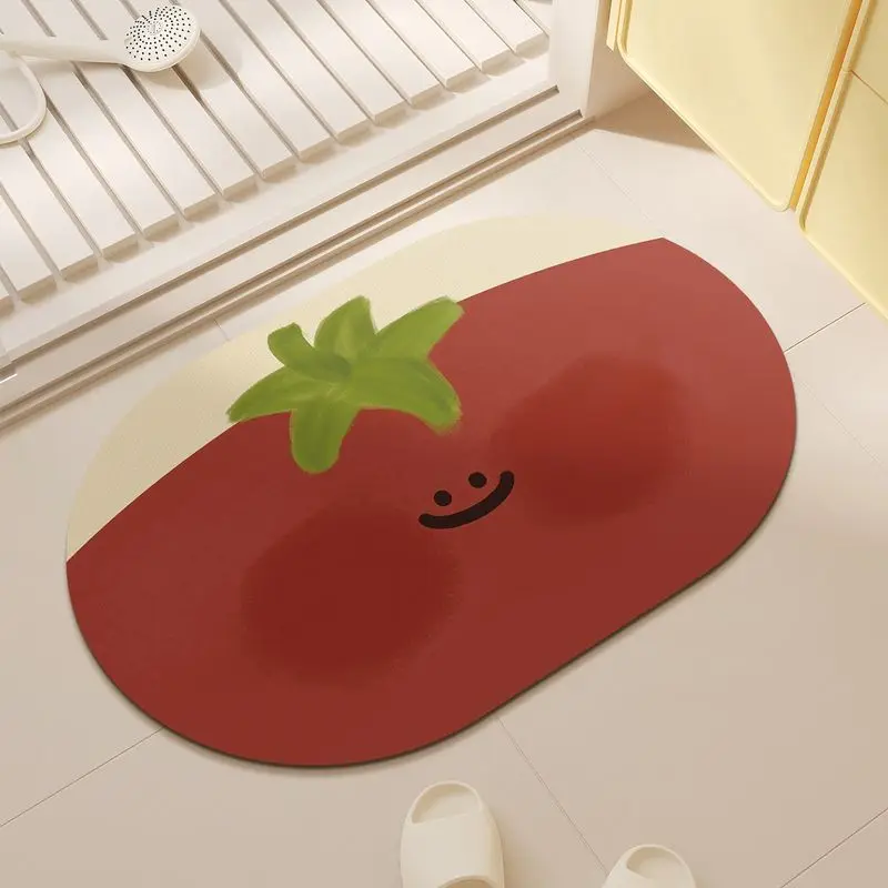 VIKAMA Smiley Face Tomato Oval Bathroom Mat, Watercolor Fruit Absorbent Non-Slip Rug, Entryway Doormat for Home Use, Home Decor