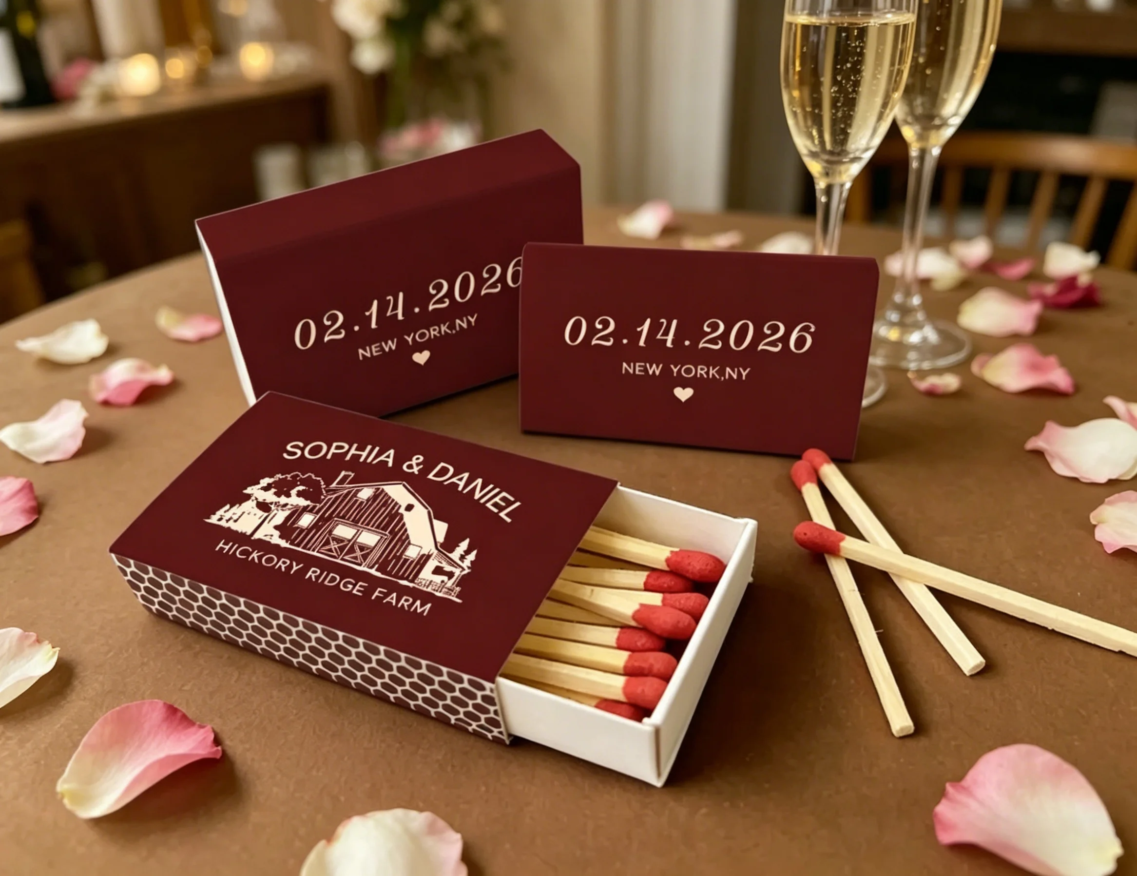 

Personalized Rustic Venue Matchbooks, Custom Wedding Favors for Reception & Welcome Party