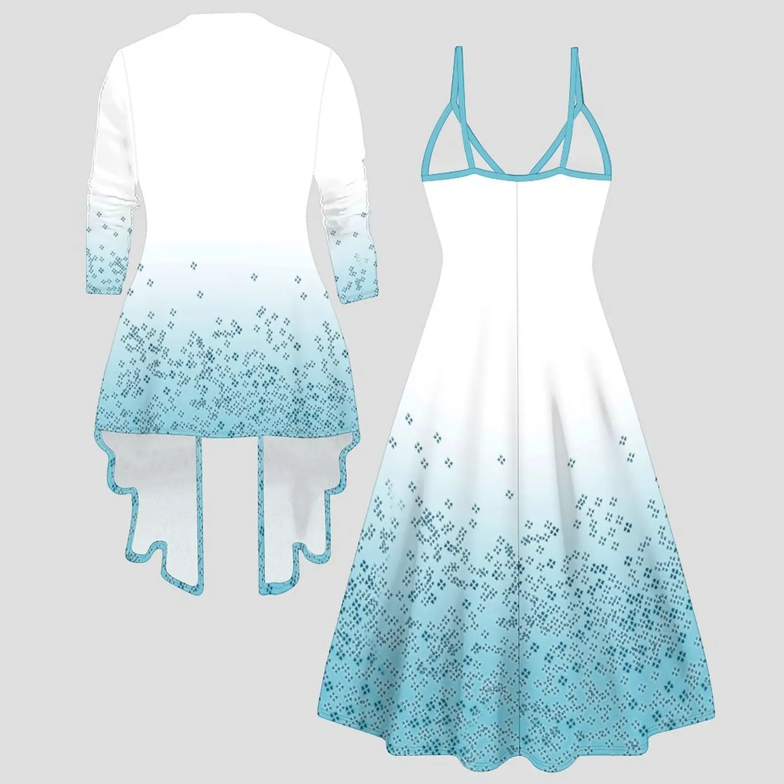 Vintage Print Two Piece Matching Set Ladies Sleeveless Midi Slip Dress 3/4 Sleeve Open-front Cardigan Daily Wear Outfit