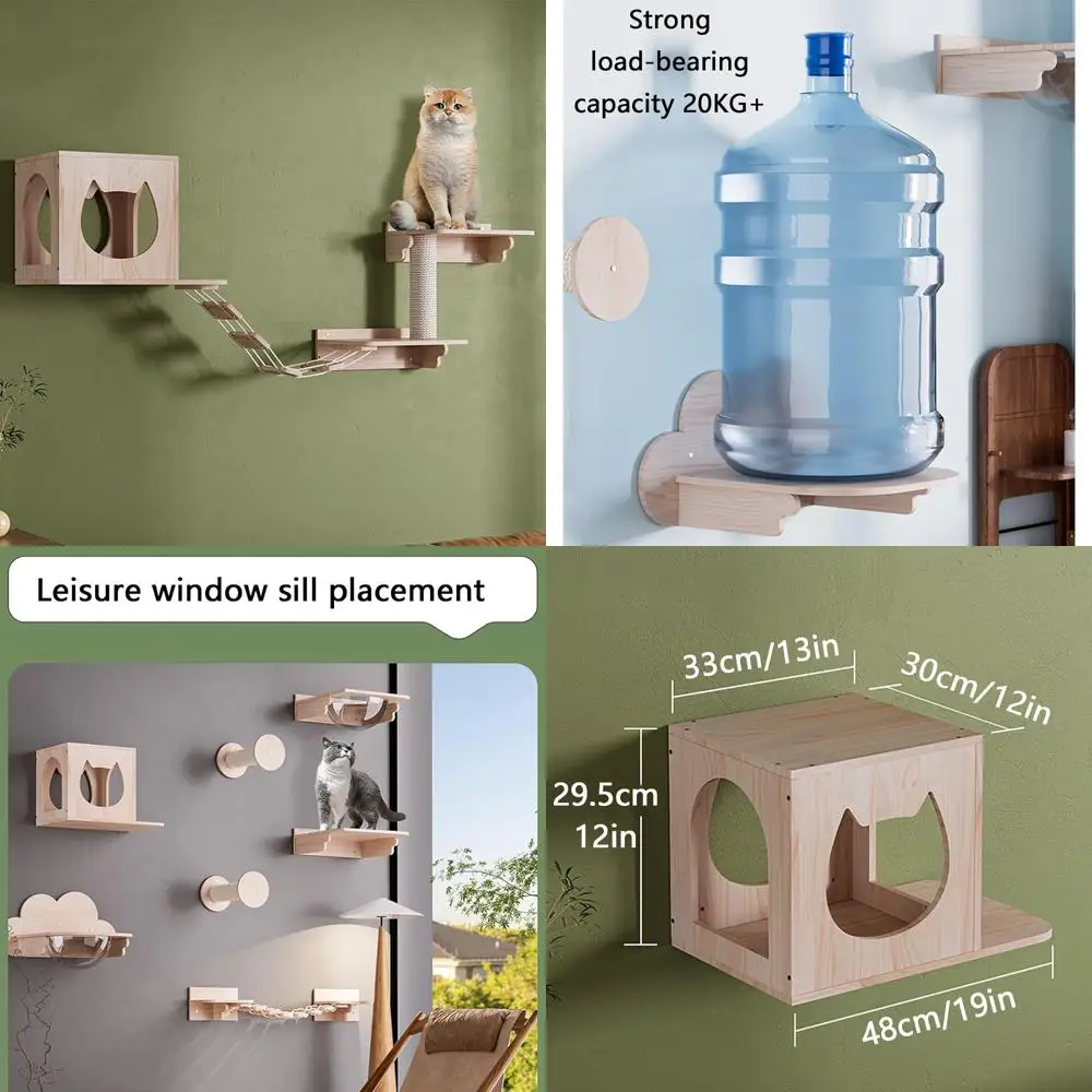 طقم أثاث قطط مكون من 5 قطع مثبت على الحائط مع جدار التسلق والأرفف ومنصات القفز