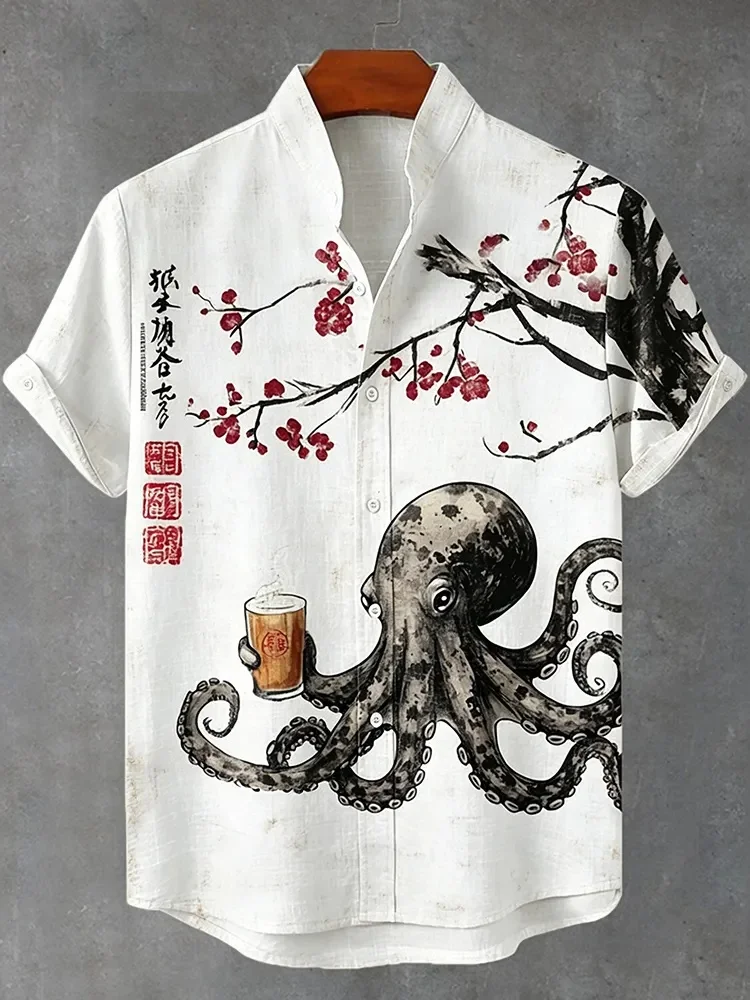 Herrenhemd, lässig, Oktopus, der Tee unter dem Kirschbaum trinkt, Kunstdruck, japanischer Stil, Urlaubs-Oberbekleidung, Vintage-Harajuku-Bluse