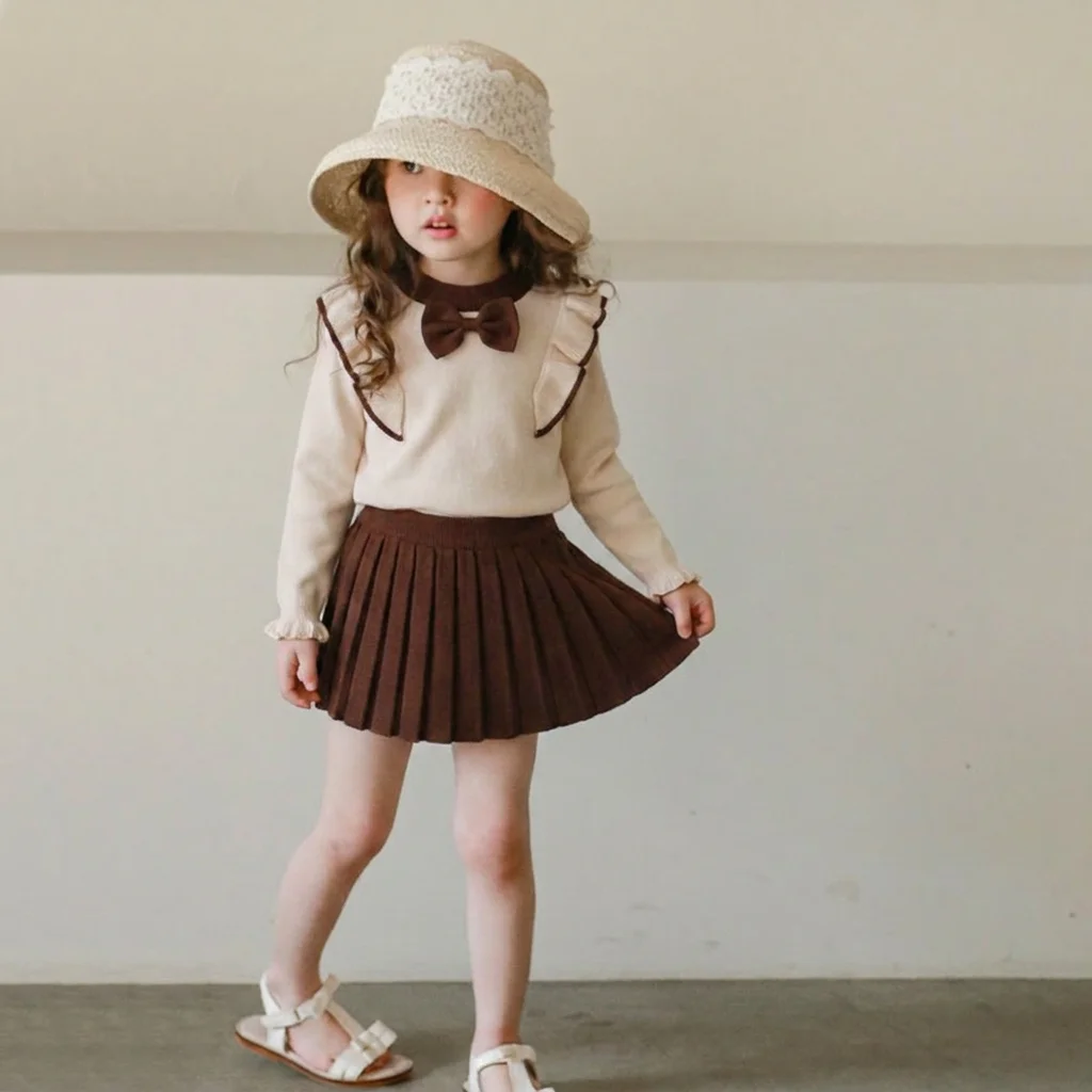 Korean Version Autumn New Knitted Suit Casual Countryside Style Bow Lace Top+pleated Skirt Two-piece Set for Girls Aged 2-6
