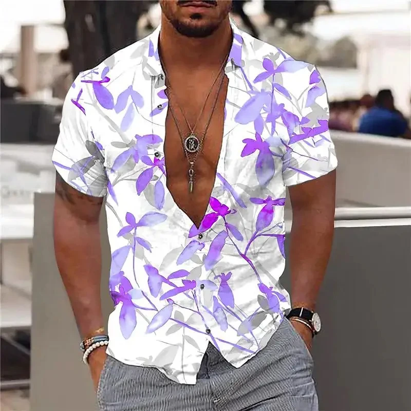 New Summer Men\'s Hawaiian Shirts Maple Leaf Print V-neck Shirts for Men Button-up Short Sleeve Tops Streetwear Trend Men Clothes