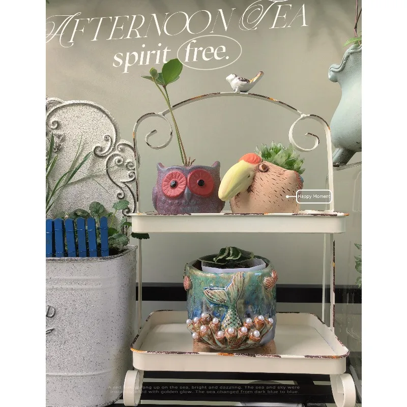 Metal White Double Height Tray with Retro Bird Finale, Cake Stand, Kitchen Storage Accessories