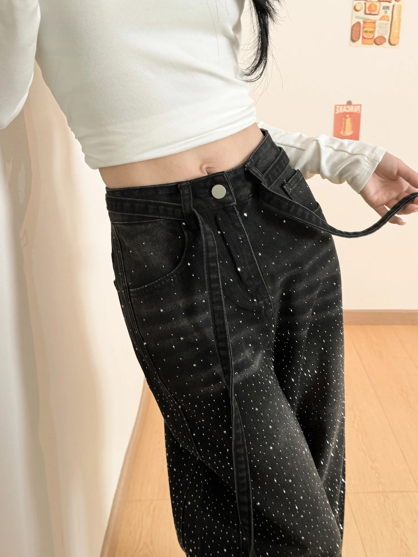 

American Style Retro Star Rhinestone Curved Knife Jeans Women's New 2026 Summer Spicy Design Wide Leg Pants Casual High Waist...