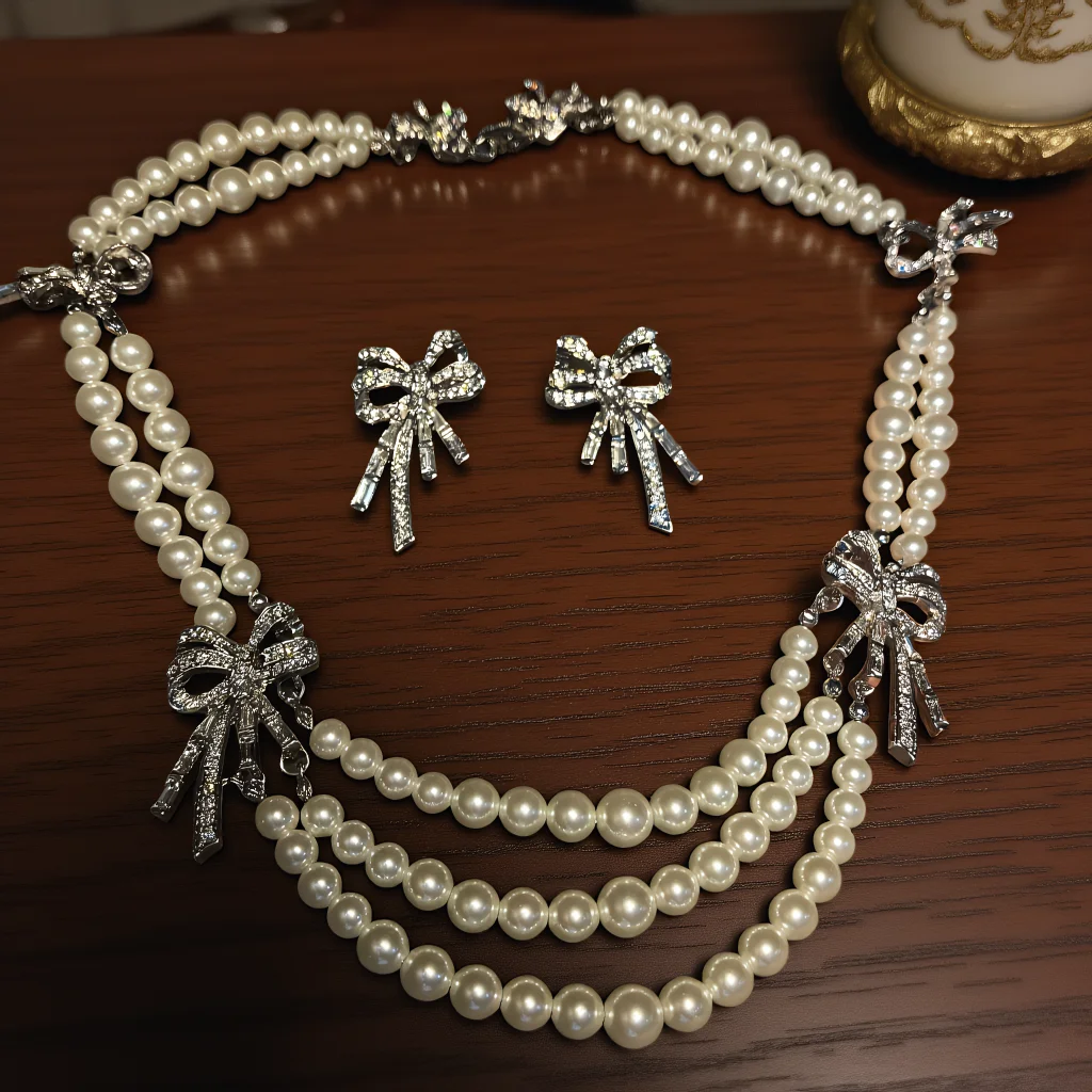 

3pcs Elegant Vintage Jewelry Set for Women Bow Pearl Necklace Shiny Crystal Choker Bridal Wedding Earrings Party