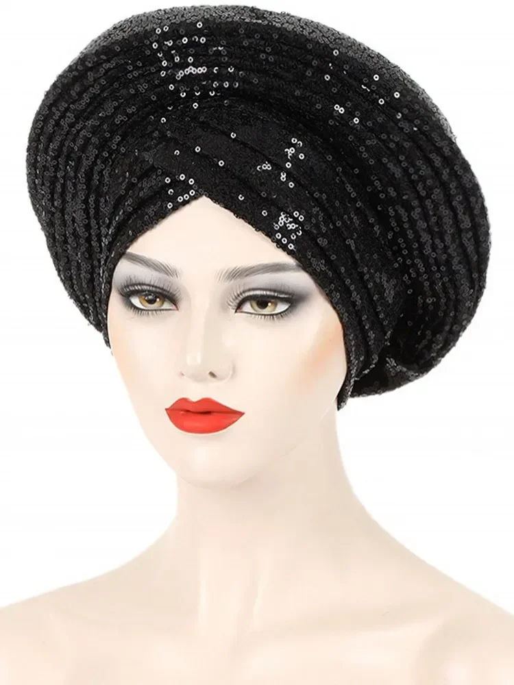 Ready African Auto Gele Headtie Sequin Women's Turban Cap Nigeria Wedding Geles Muslim Head Wraps Bonnet Turbante Mujer 2024