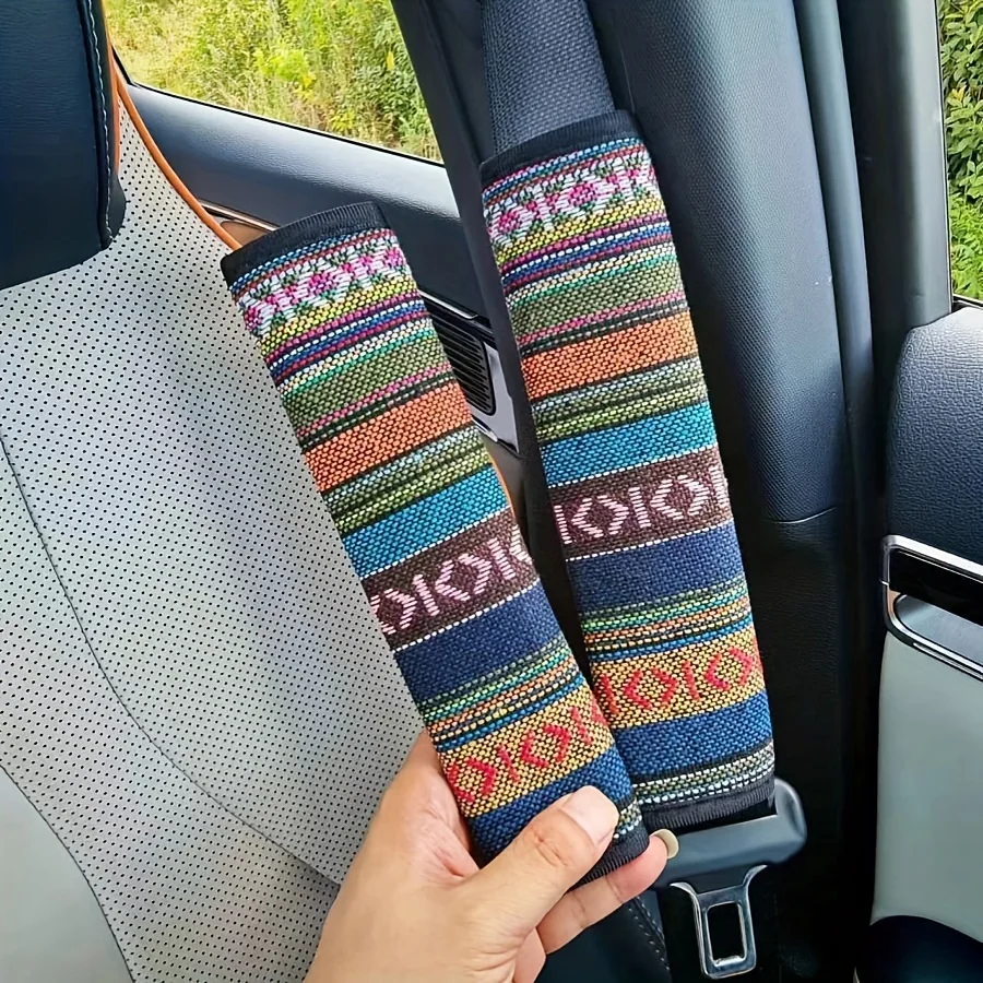 2pcs Universal Four Seasons Car Interior Seat Belt Shoulder Strap Printed Pattern Random Ethnic Style Linen Protective Shoulder