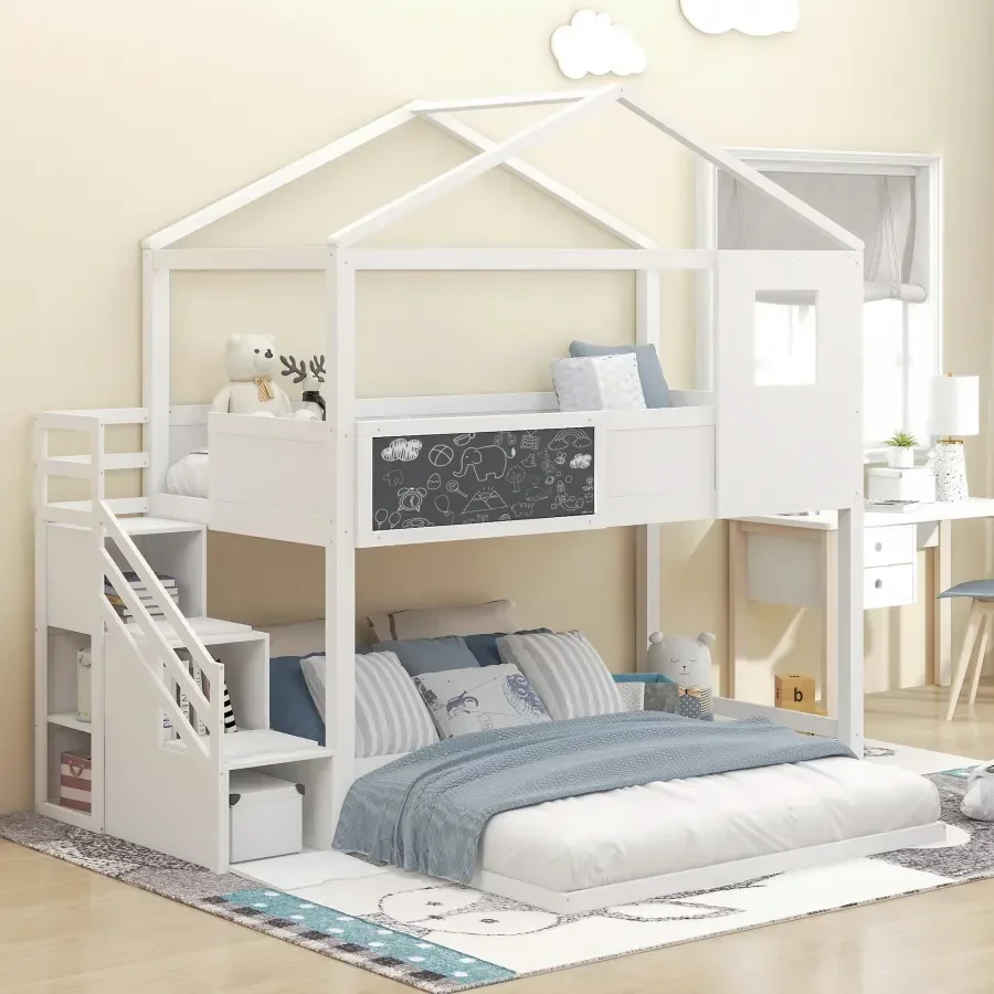 White Twin over Full House Bunk Bed with Storage Staircase and Blackboard,for indoor bedroom furniture