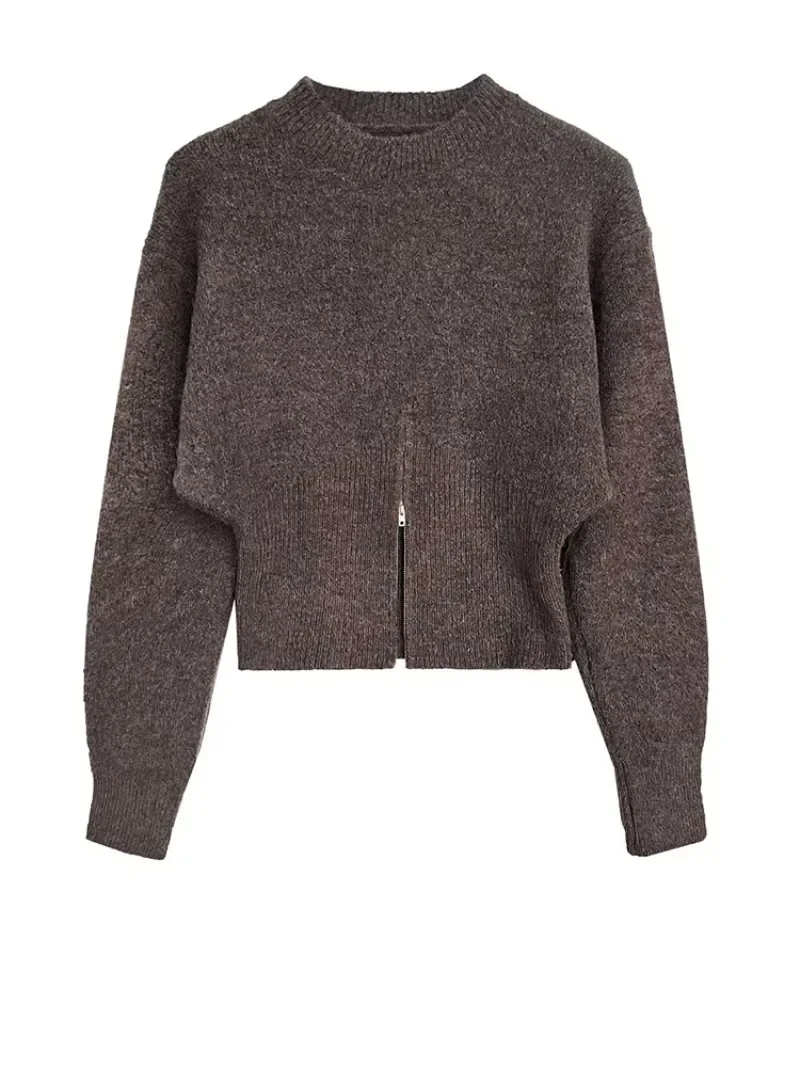 Gray Hem Zipper Big Size Knitting Sweater Round Neck Long Sleeve Women Pullovers New Fashion Spring Autumn 2026