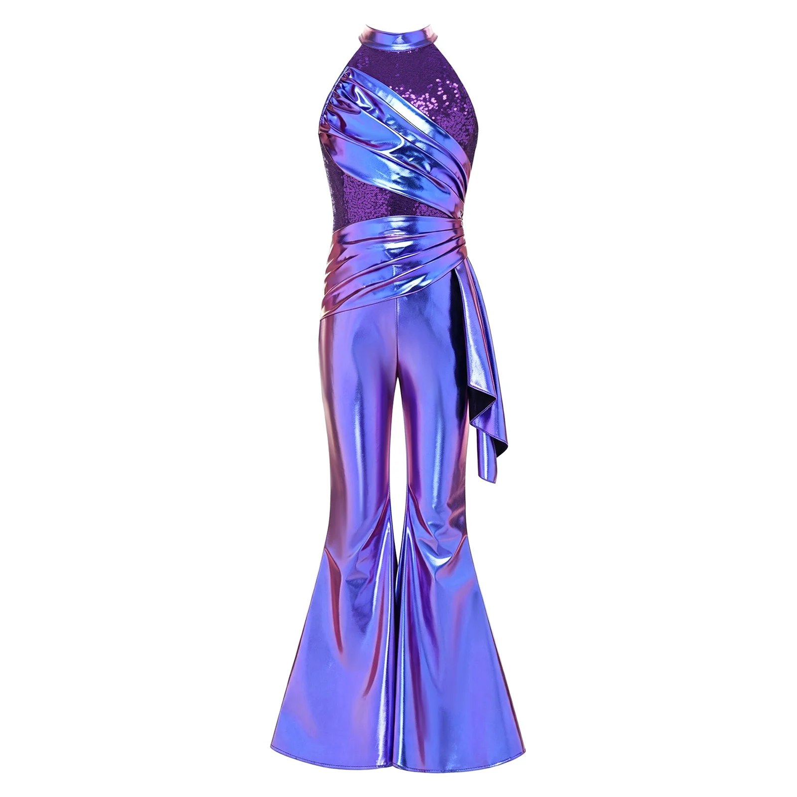 Kids Girls Metallic Flared Pants Rompers Asymmetrical Unitards Jumpsuit Sequined Bodice Ruched Layer Disco Jazz Stage Costume view 3