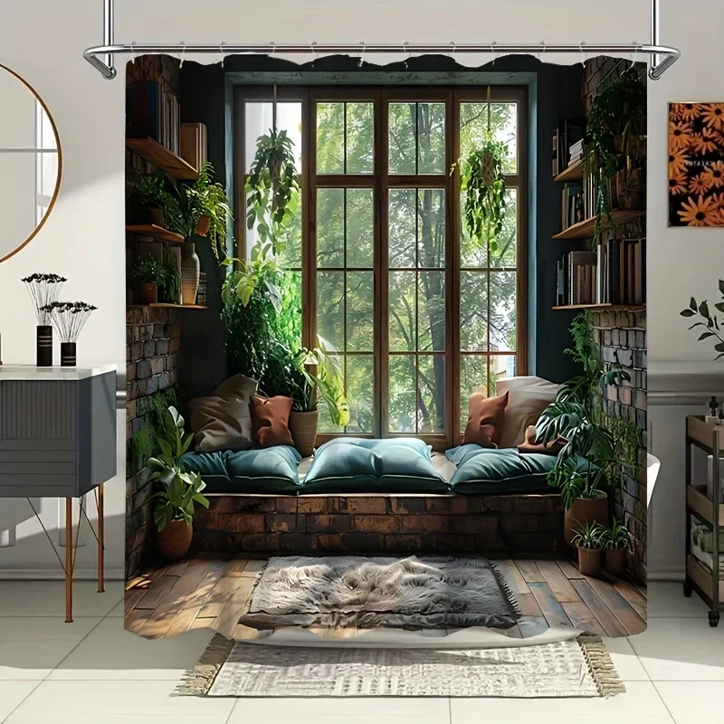 

Rustic Window with Books and Plants Shower Curtain- Cozy Bath Decor, Perfect for Those Who Love Vintage and Nature-Inspired