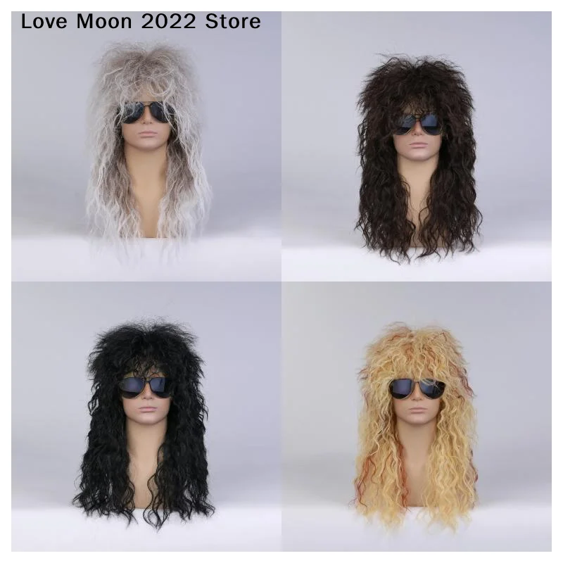 Men's Mullet Wig Long Curly Hair Wig Kiss Wig 80s Rocker Synthetic Wigs For Male Halloween Cosplay DIY Role-Playing Costume Wig