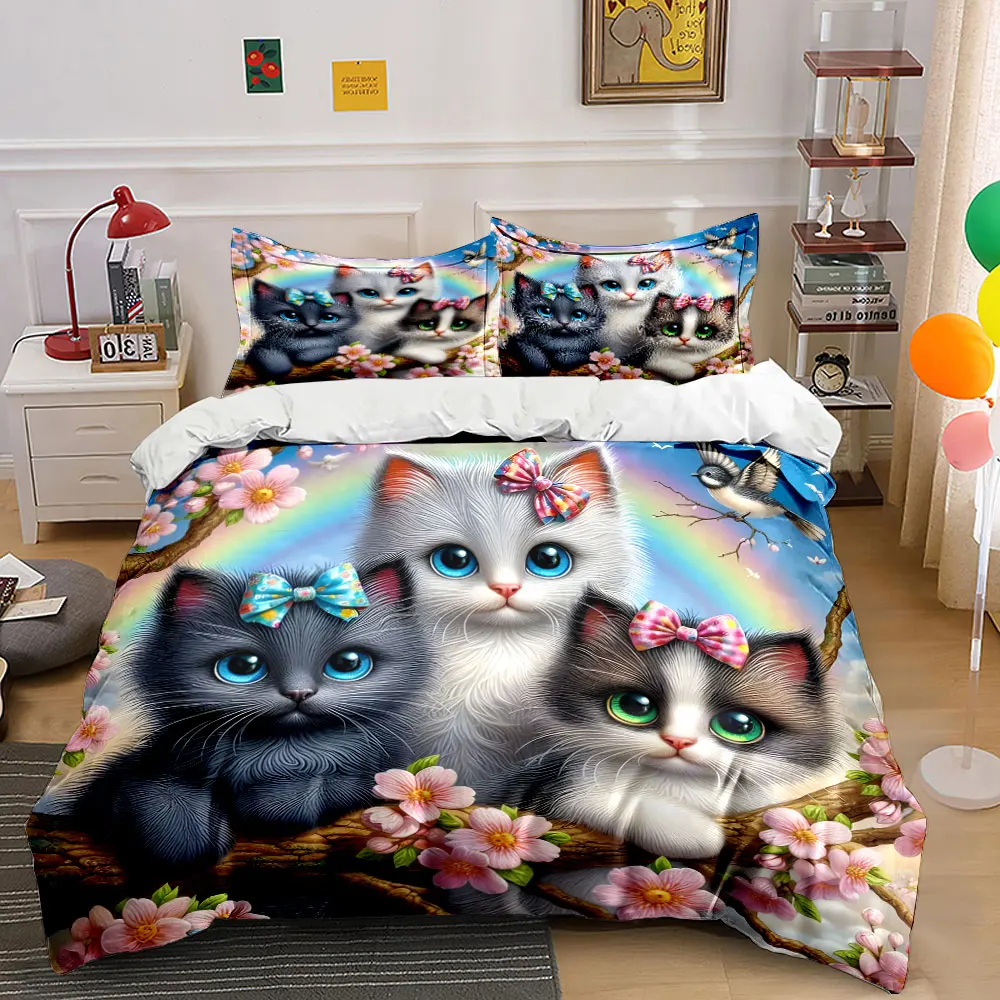 Cats, Blossoms, and Rainbow Bedding Set for Kids Luxury Gift 3pcs Digital Print Comforter Set Soft Comfortable Breathable