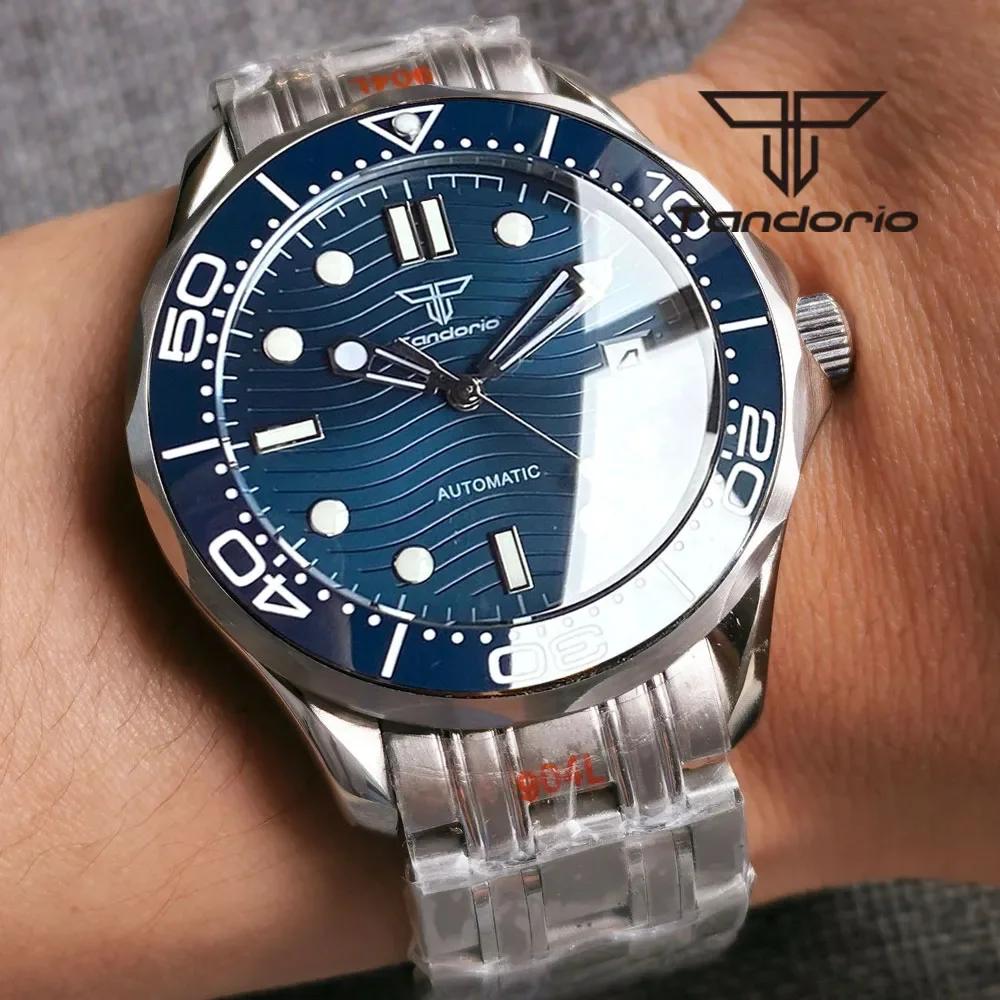 Tandorio Luxury 41mm NH35A PT5000 Blue/Silver Dial Automatic Wristwatch for Men Sapphire Crystal Ceramic Bezel Steel Bracelet