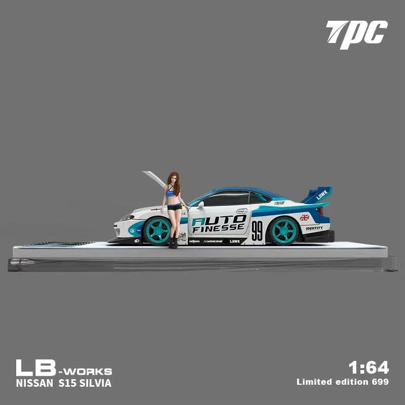 Tpc 1:64 lb-super silhueta silvia s15 rosa branco/azul branco fundido modelo de carro coleção presentes em miniatura