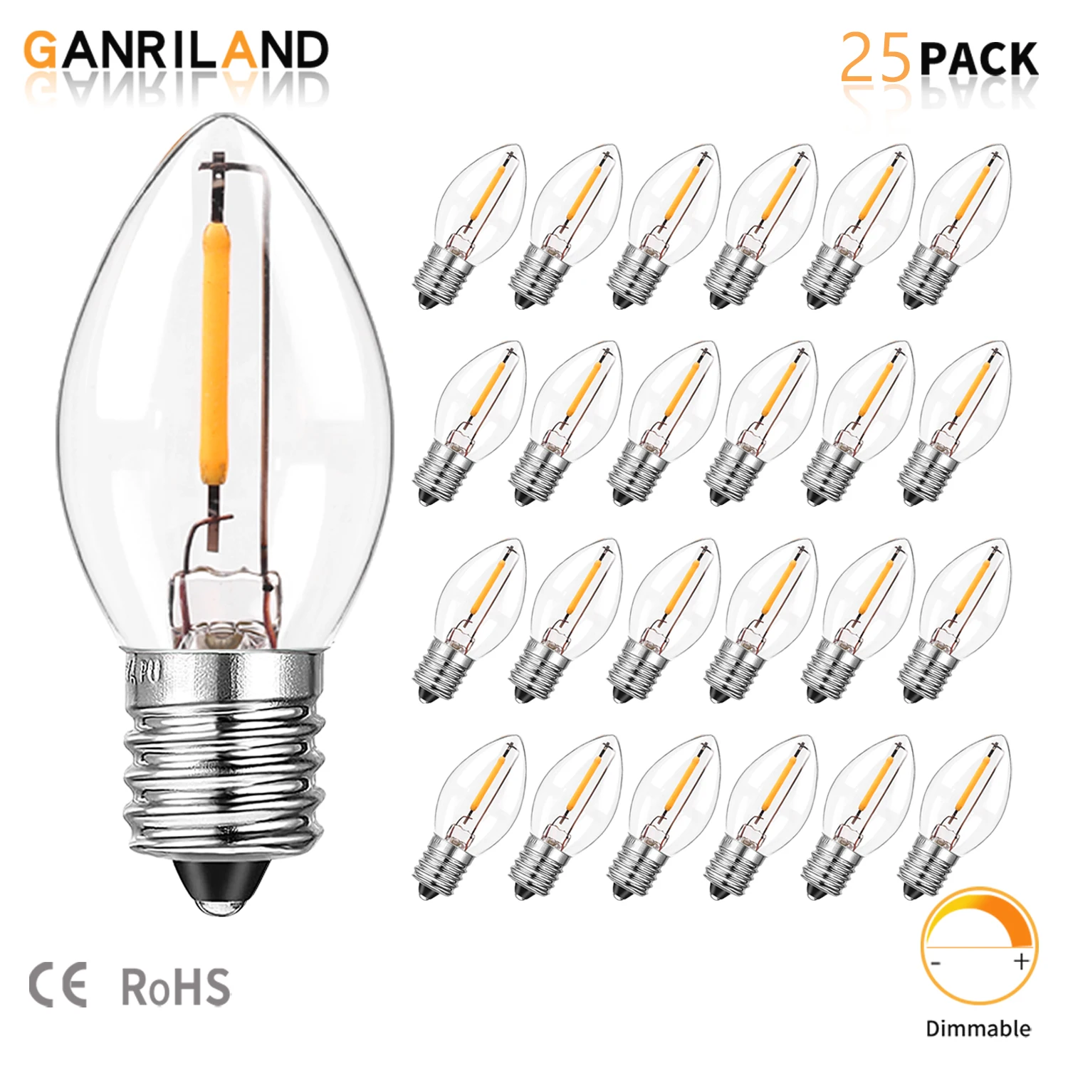 25PACK E12 E14 Base LED Night Light Bulbs Dimmable C7 0.5W Warm White 2700K 7W Incandescent Equivalent Mini Candle Low Watt Bulb