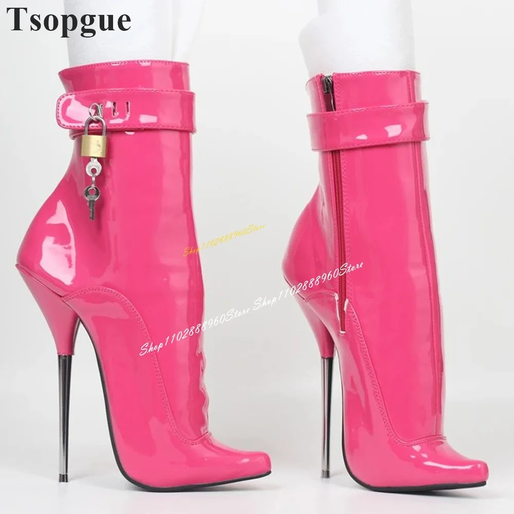 

Pink Artificial Patent Leather Key Lock Ankle Boots Metal Heel Women Shoes Side Zipper Pointed Toe 2024 Sexy Zapatos Para Mujere