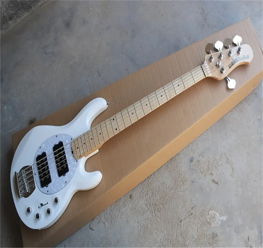 Wholesale White Music Man 5 Strings Electric Bass With Active Pickups 9V Battery Guitar