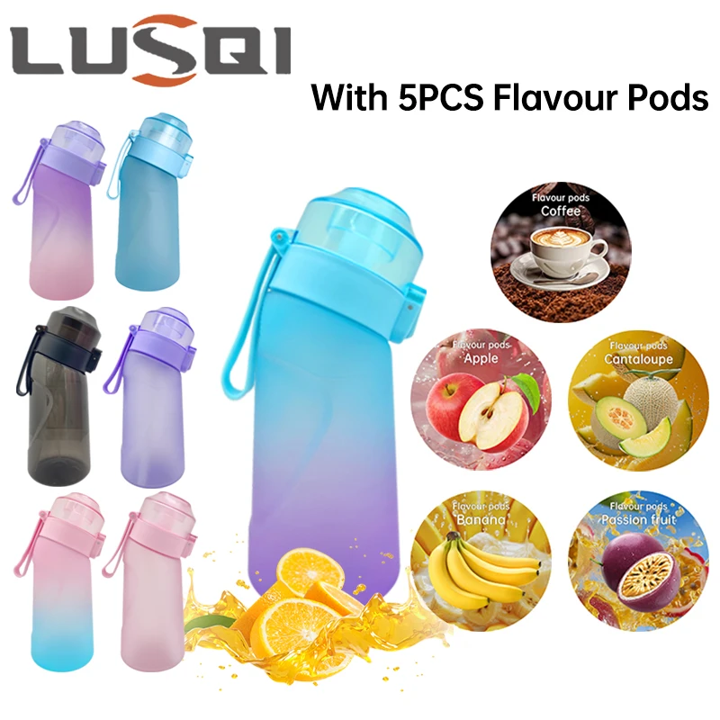 LUSQI 1PC 500ML Sports Flavored Water Bottle With 5 PCS  Flavor Pods Scent Water Cup With Straw Sugar-Free BPA-Free