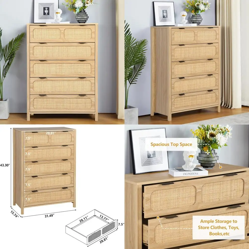 خزانة غرفة نوم ذات 5 أدراج مع مساحة تخزين واسعة، وخزانة منضدة من الروطان لغرفة النوم وتخزين المدخل #1