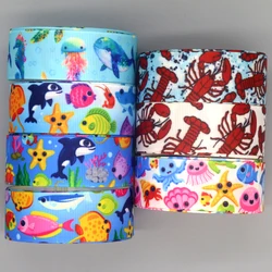 DHK 50yards Sea Animals Lobster Printed Grosgrain Ribbon Accessories Material Headwear Decoration DIY Sewing Craft S2286