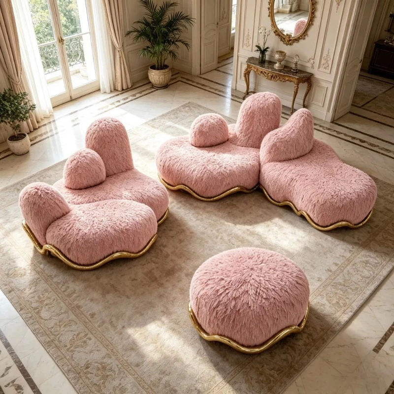 Modern Irregular Shape Plush Decorative Sofa Golden Curved Edge Living Room