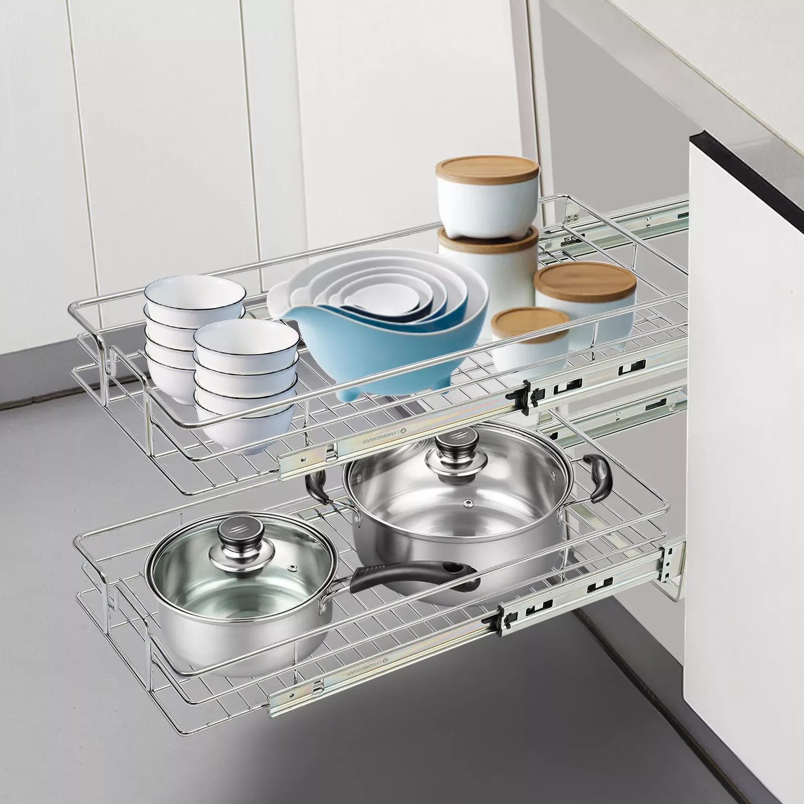 2-Tier Silver Pull-Out Cabinet Organizer Cabinet Shelves Iron Kitchen Organizer for storing kitchen utensils