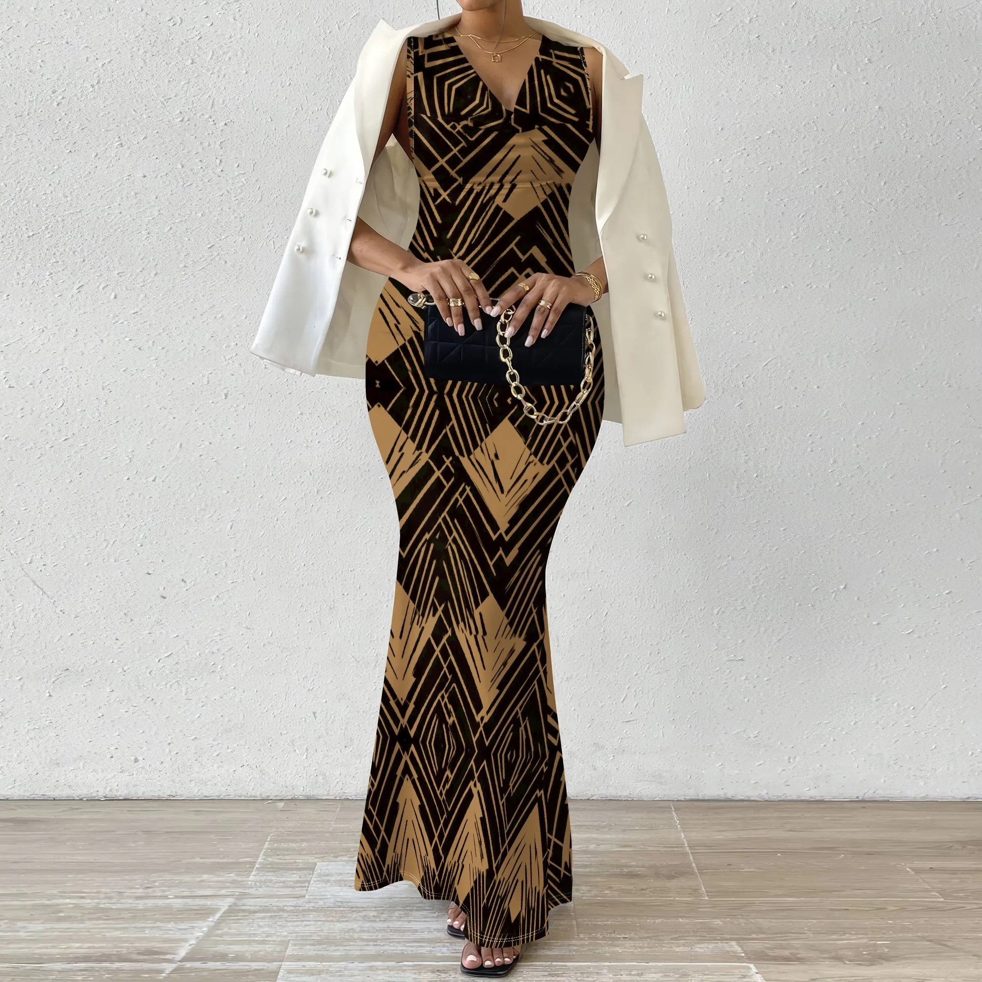 

Women's Boho Geometric Print Maxi Dress Vintage V-Neck Sleeveless Bodycon Mermaid Dress for Evening Party Wear XS-2XL