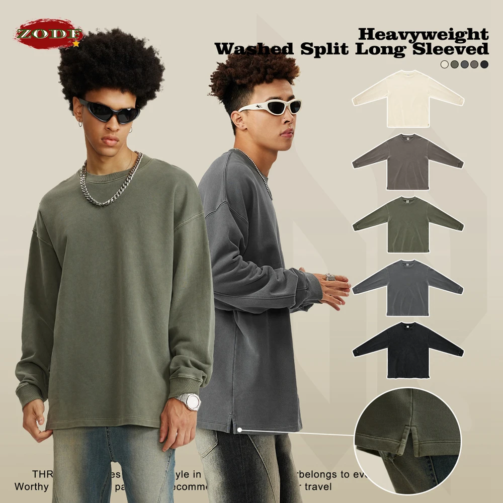 ZODF 2023 Men Heavy Weight 460gsm Cotton T-Shirt American Retro Unisex Oversized Basic Long Sleeve T Shirts For Autumn HY0657