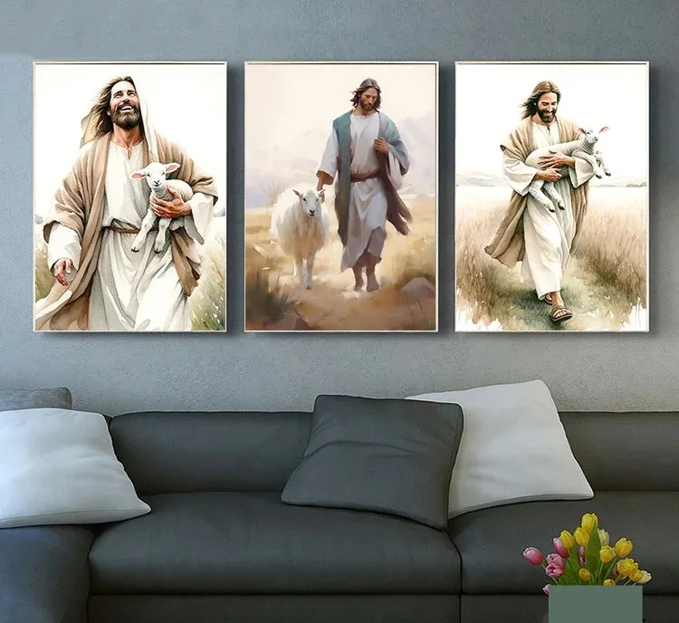 Jesus Christ Girl Child Kid Lamb Christ's Embrace Poster Wall Art Pictures Canvas Painting Room Christian Nursery Home Decor