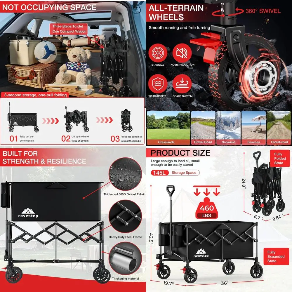 

Сверхпрочная складная тележка с внедорожными колесами для улицы, сада и покупок - грузоподъемность 208 кг, объем 145 л