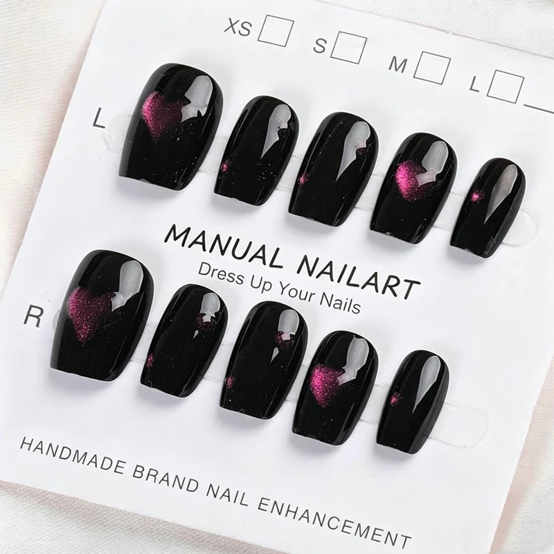 Women\'s Solid Cute Nail Art Pure Handmade 3D Love Shape Detachable Short Style Press On Nails Light Nail Cat Eye Patch