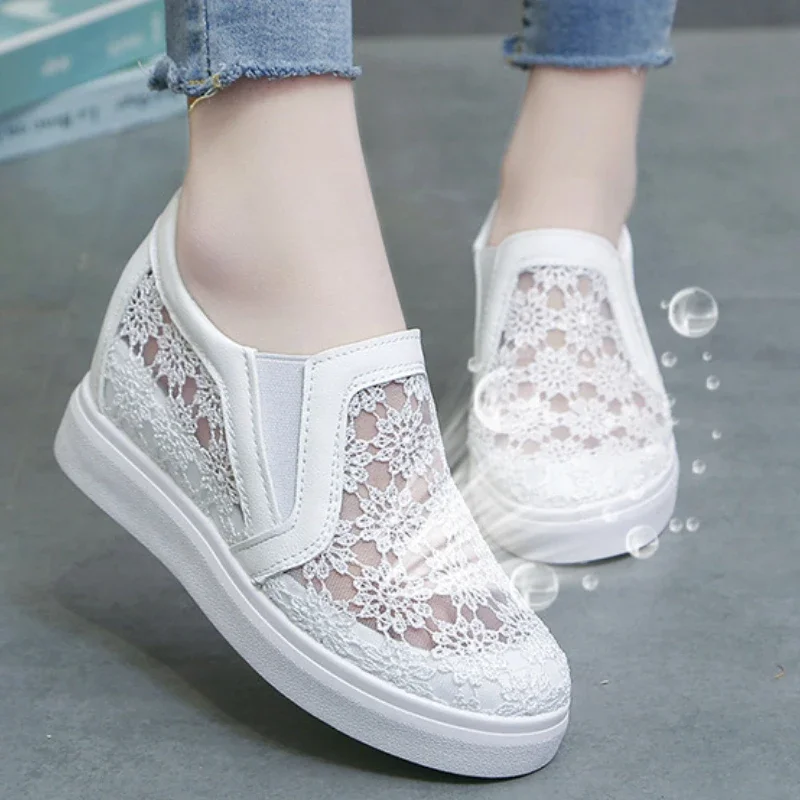 Women's Thick Soled Shoes 2025 with A Height Increase of 7cm White Shoes Summer Casual Walking Flat Low Top Casual Mesh Shoes